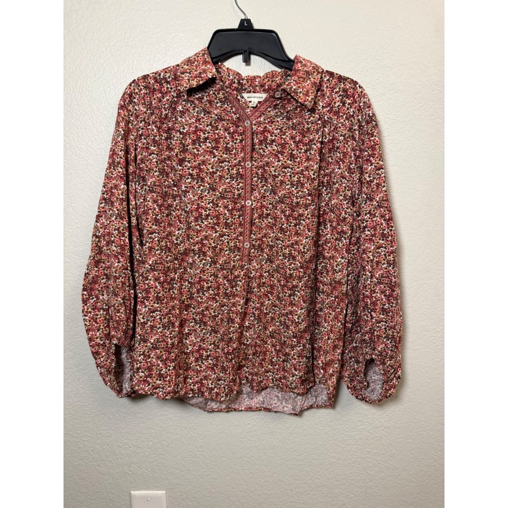 Max Studio Floral Ditsy Print Blouse Red Pink Rayon Button Front XL 1707G33
